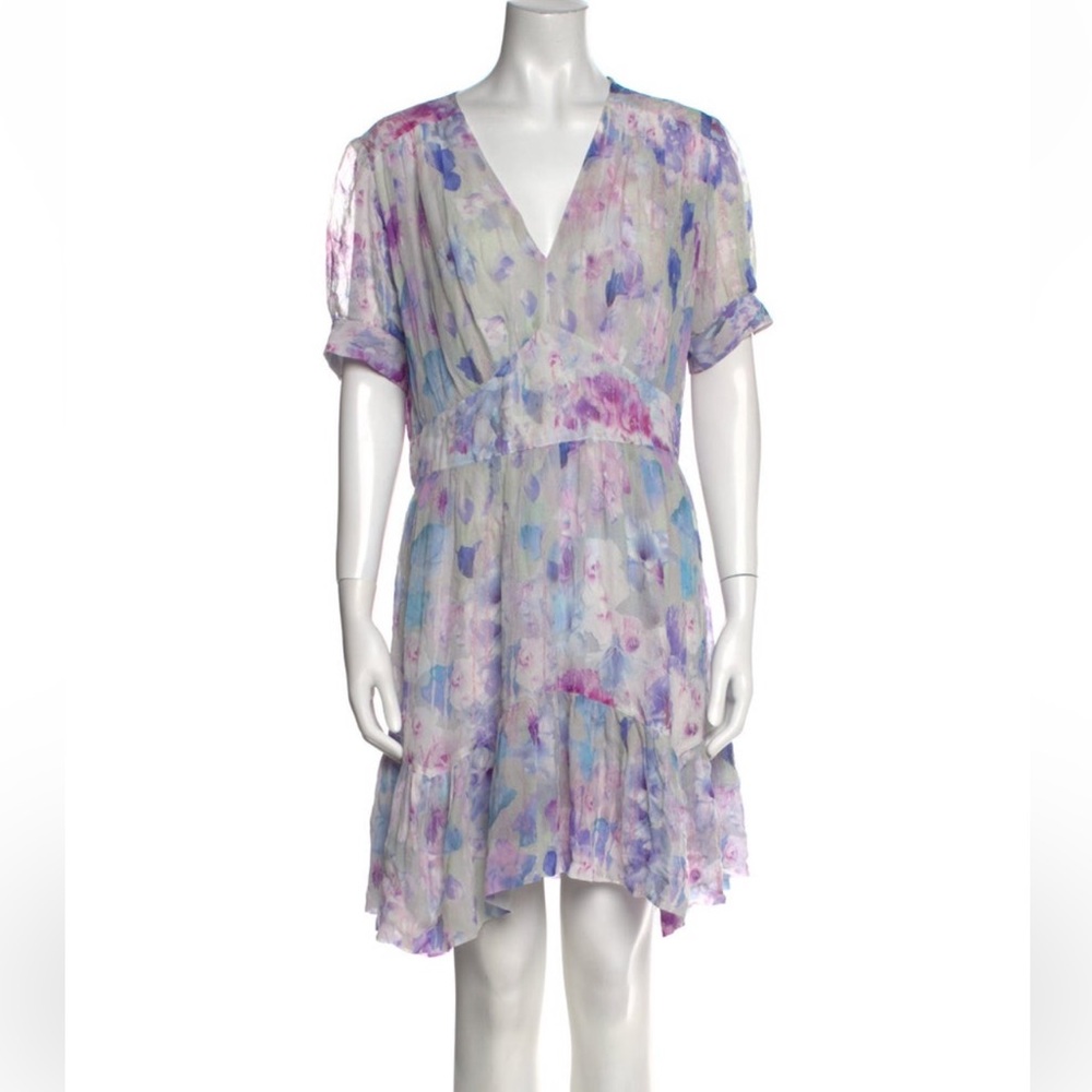 The Kooples Purple Cream Floral V-Neck Chiffon Dress 4 L
